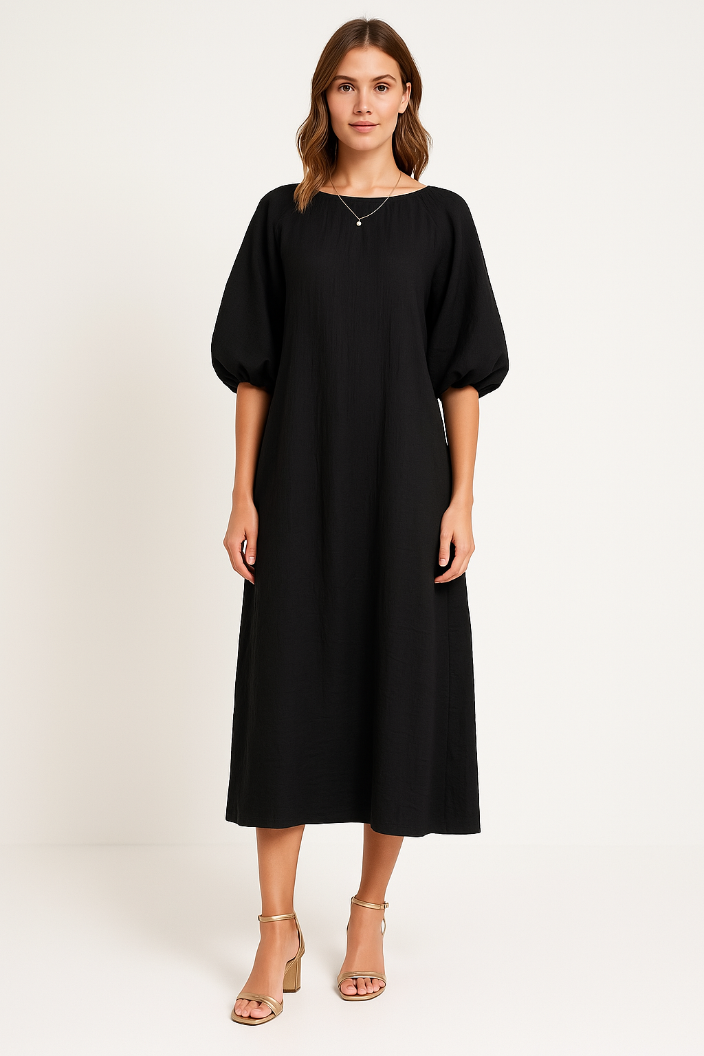 Dames Maxijurk – Losvallend Model – Puff Mouwen – Ronde Hals – Luchtige Stof