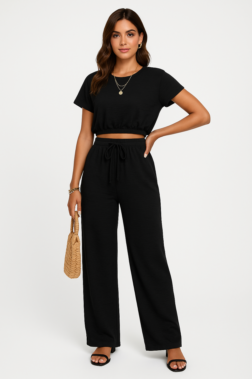 Arina | Dames Tweedelige Set – Crop Top met Batwing Mouwen en Wijde Broek met Trekkoord
