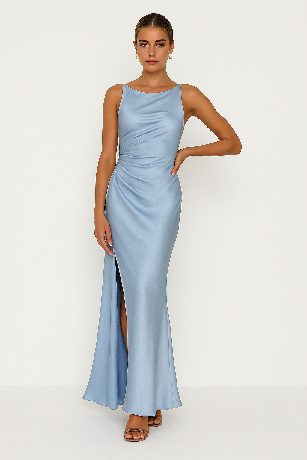 Britta | Dames Midi Jurk – Slim Fit met Spaghettibandjes en Luxe Glansstof