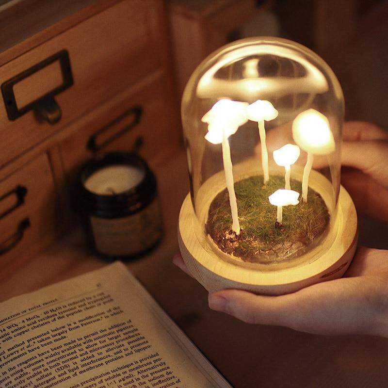DIY Paddenstoel Lamp – Glas en Hout, Creatieve Verlichting voor Woonkamer of Slaapkamer