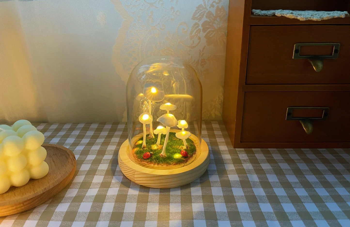 DIY Paddenstoel Lamp – Glas en Hout, Creatieve Verlichting voor Woonkamer of Slaapkamer
