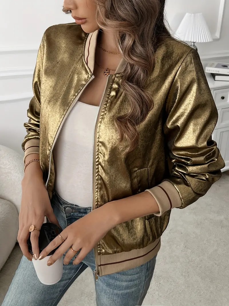 Alissa Metallic Bomberjack voor dames | Gouden bomber met glanzende finish en relaxte pasvorm