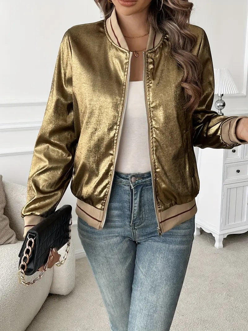 Alissa Metallic Bomberjack voor dames | Gouden bomber met glanzende finish en relaxte pasvorm