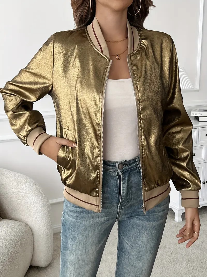 Alissa Metallic Bomberjack voor dames | Gouden bomber met glanzende finish en relaxte pasvorm