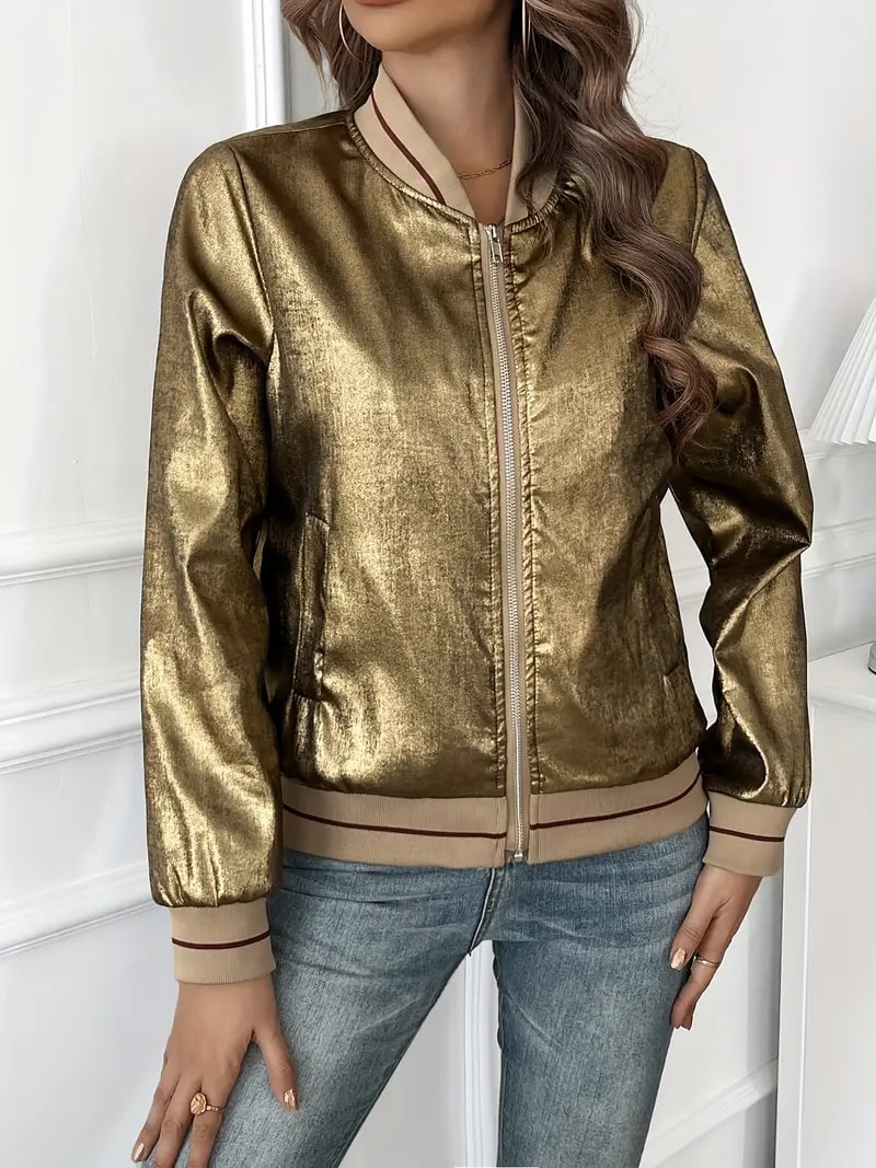 Alissa Metallic Bomberjack voor dames | Gouden bomber met glanzende finish en relaxte pasvorm