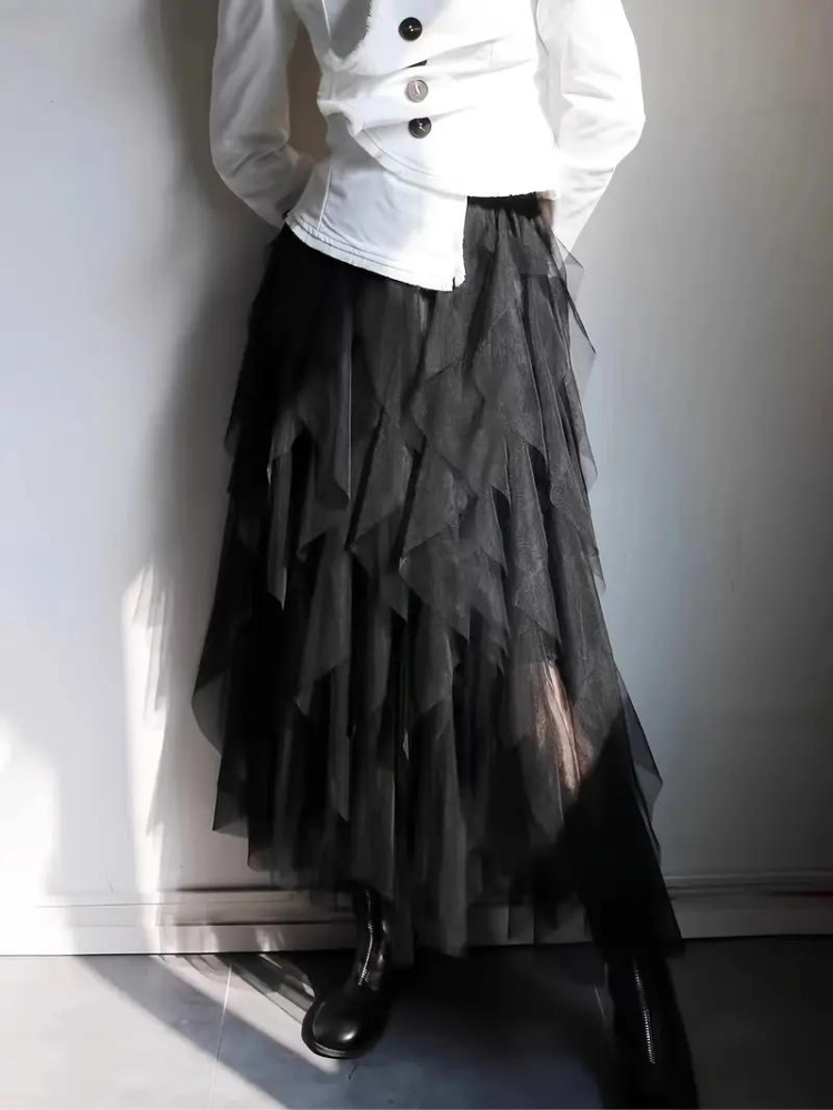 Tonny | Dames Midi Rok – Hoog Getailleerd, Gelaagde Mesh met Ruches en Elegante A-Lijn