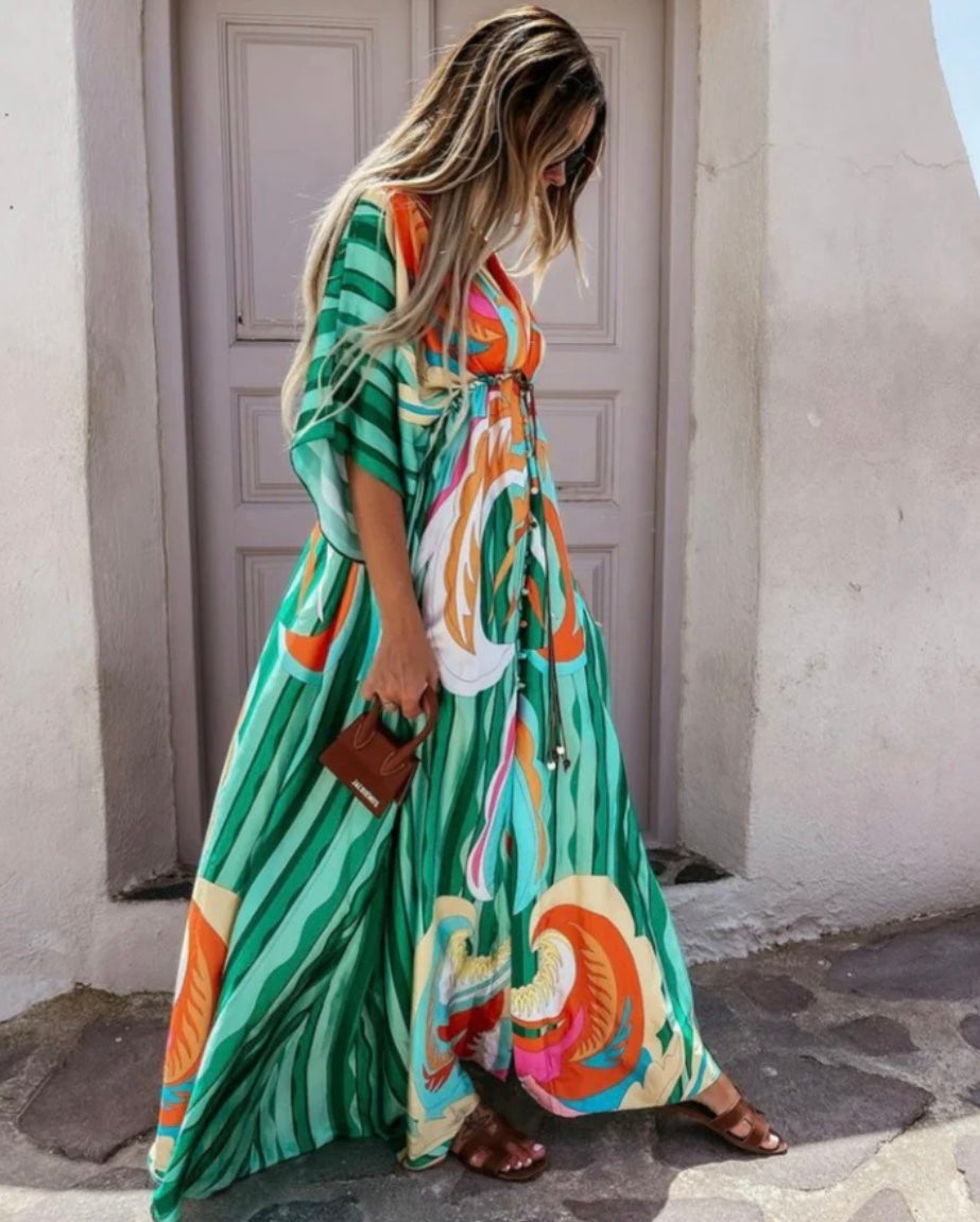 Victoria | Dames Maxi Jurk – Ontspannen Pasvorm, V-hals, Tailleband en Abstracte Print