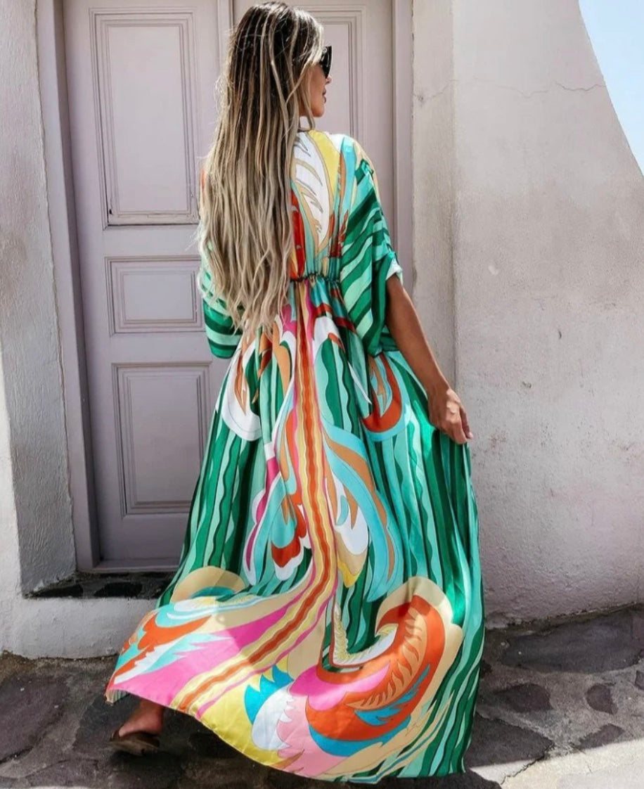 Victoria | Dames Maxi Jurk – Ontspannen Pasvorm, V-hals, Tailleband en Abstracte Print