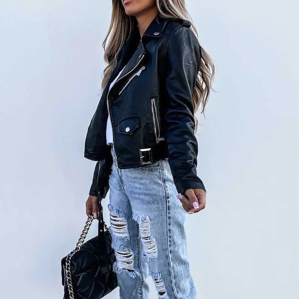 Danique Leren Bikerjack voor dames | Slank leren jack met asymmetrische rits en metalen details