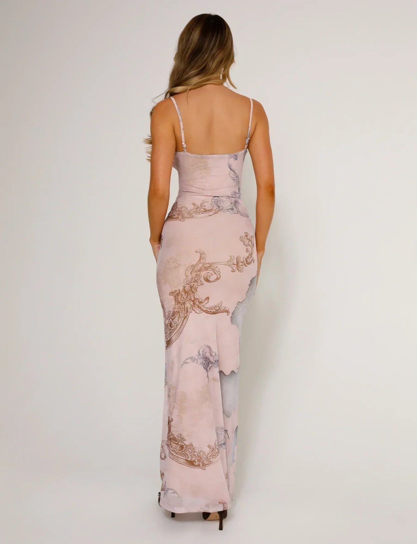 Erna | Dames Maxi Jurk – Getailleerd Model – V-Hals – Fijne Bandjes – Kant en Printdetails