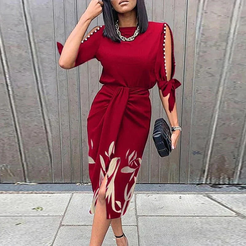 Sarina | Dames Midi Wikkeljurk met Kanten V-Hals en Lange Mouwen – Elegante Getailleerde Pasvorm