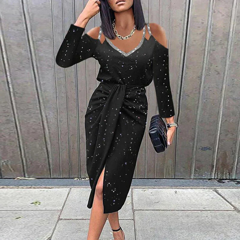 Sarina | Dames Midi Wikkeljurk met Kanten V-Hals en Lange Mouwen – Elegante Getailleerde Pasvorm