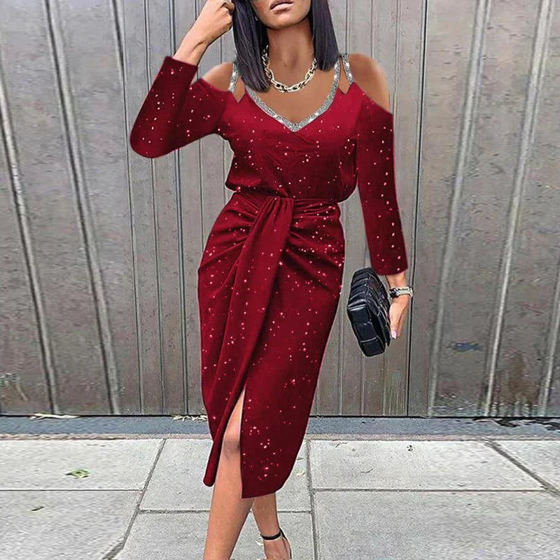 Sarina | Dames Midi Wikkeljurk met Kanten V-Hals en Lange Mouwen – Elegante Getailleerde Pasvorm