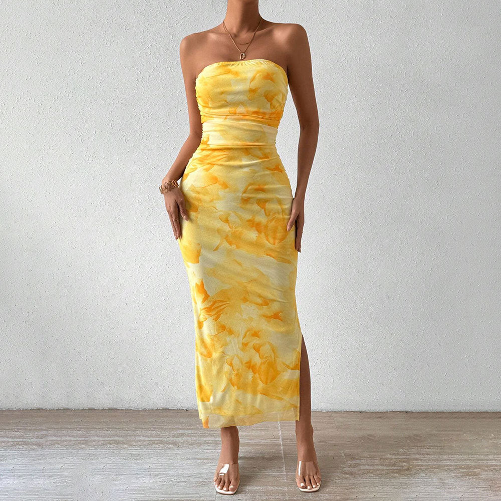 Hilda | Dames Strapless Maxi Jurk – Slim Fit Mesh Design met Elegante Zijsplit