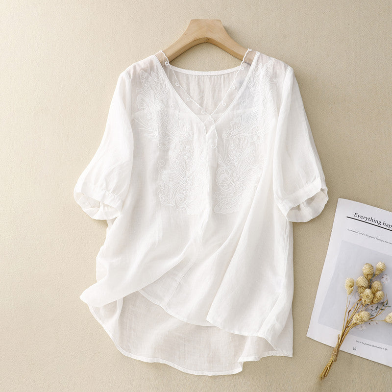Violetta | Dames Blouse – Los Model, V-hals, Korte Mouwen en Geborduurde Details