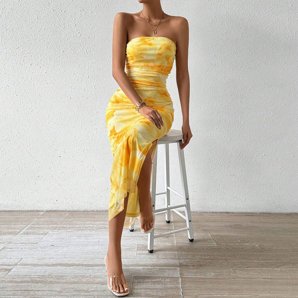 Hilda | Dames Strapless Maxi Jurk – Slim Fit Mesh Design met Elegante Zijsplit