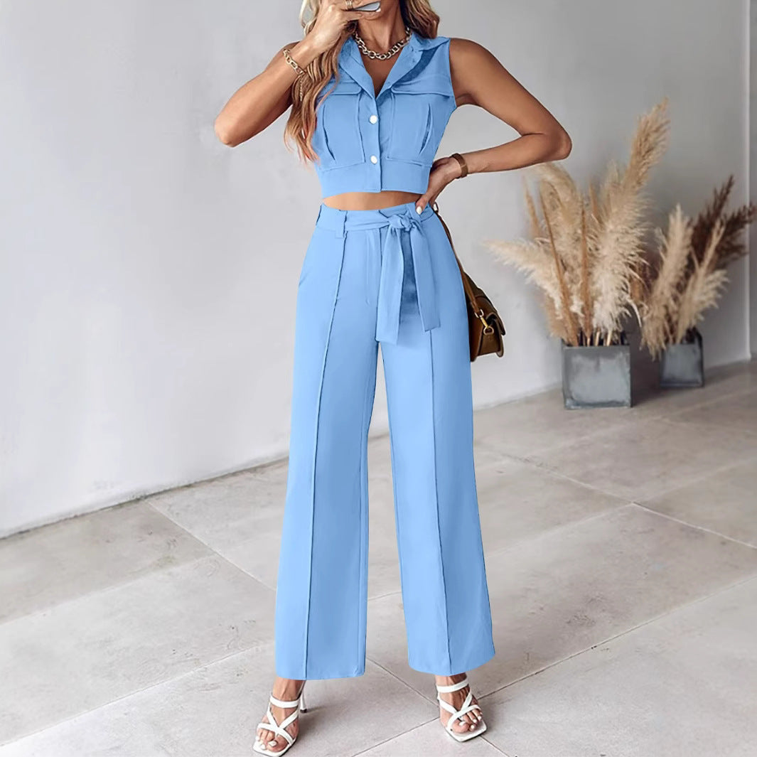 Cora | Dames Pakkenset – Mouwloze Crop Top & Hoge Taille Wijde Broek – Afneembare Ceintuur