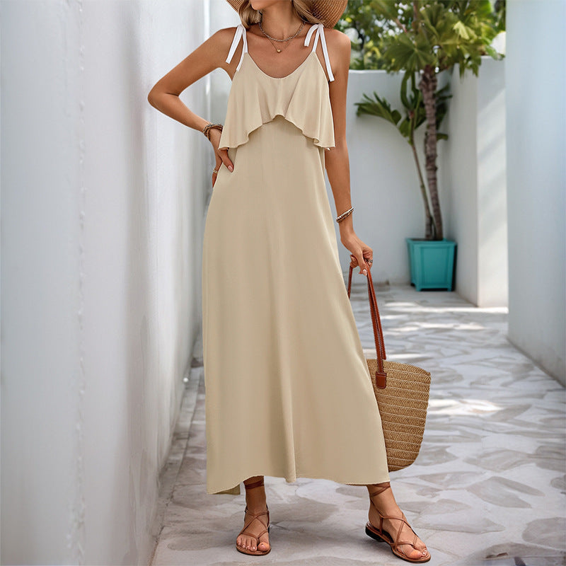 Jelena | Dames Maxi Jurk – Losse Pasvorm met Strikbandjes en Ruches voor Zomerse Comfort & Stijl