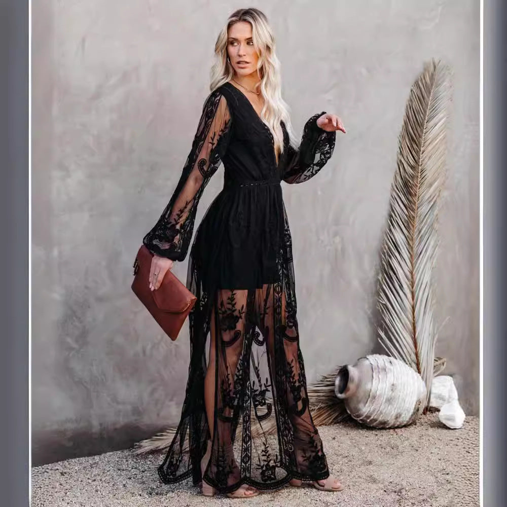 Emmely | Dames Avondjurk – Fitted Pasvorm – V-Hals – Sheer Mouwen – Hoge Split