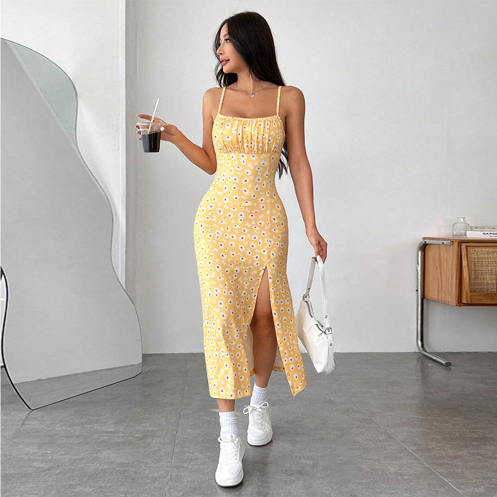 Eefje | Dames Midi Jurk – Slim Fit – Spaghettibandjes – Bloemenprint – Zijsplit