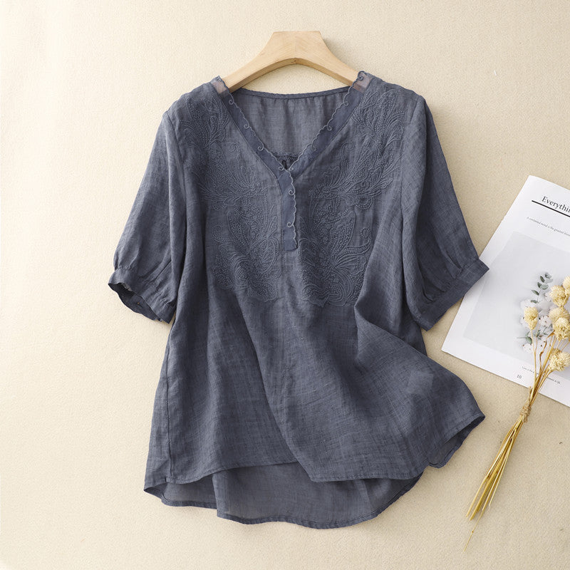 Violetta | Dames Blouse – Los Model, V-hals, Korte Mouwen en Geborduurde Details