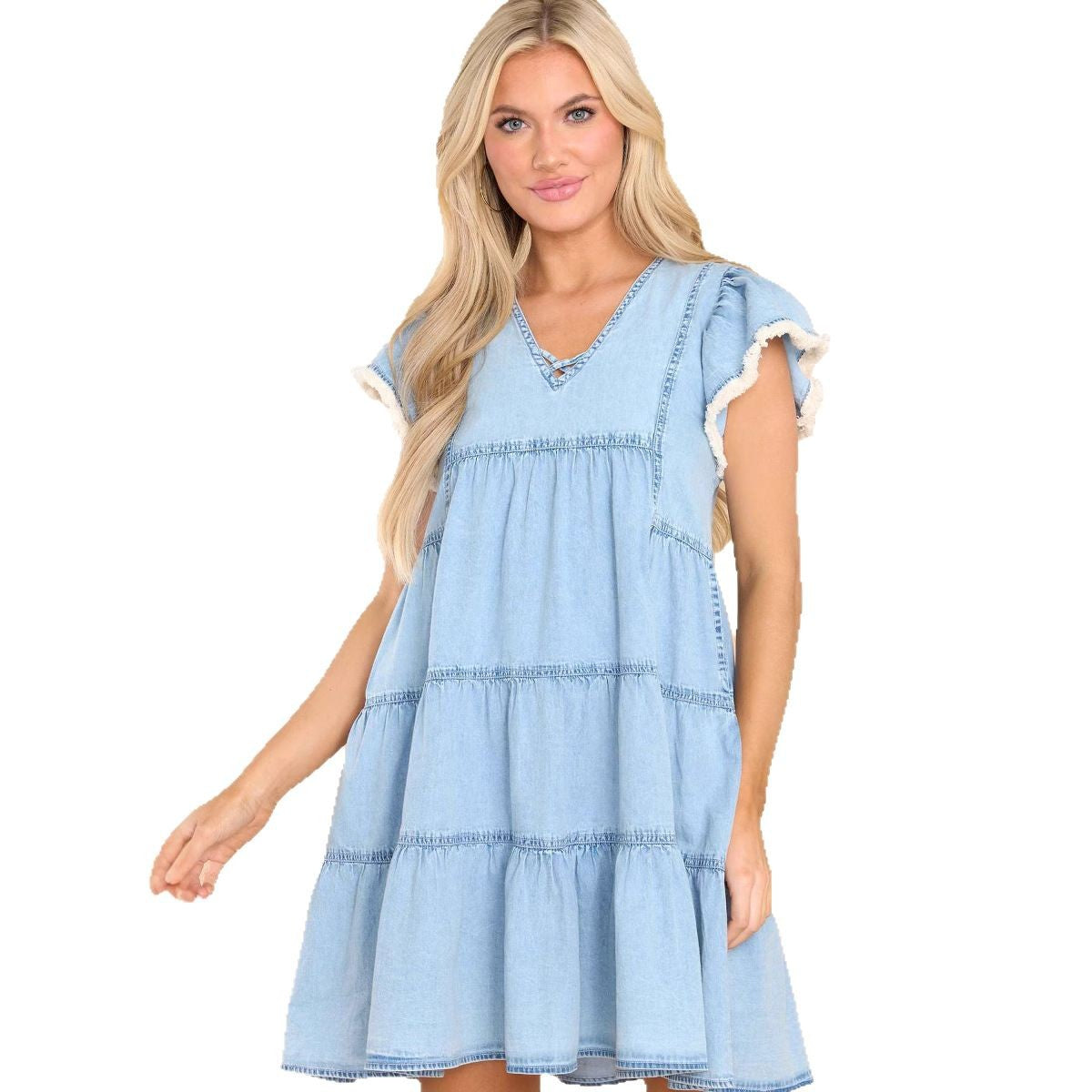 A-lijn Mini Jurk | Damesjurk met Denim Look en Ruches
