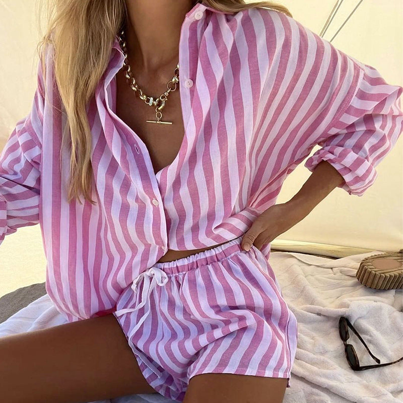 Elina | Dames Tweedelige Set – Losvallend Overhemd en Shorts – Ademend Streepdessin