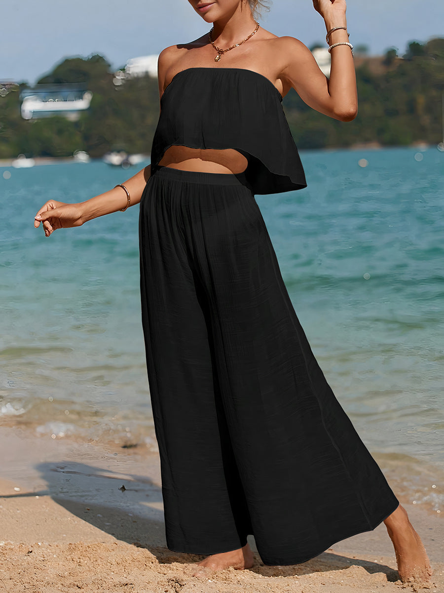 Anna | Dames Set – Strapless Top met Asymmetrische Zoom en Wijde Broek van Ademend Materiaal