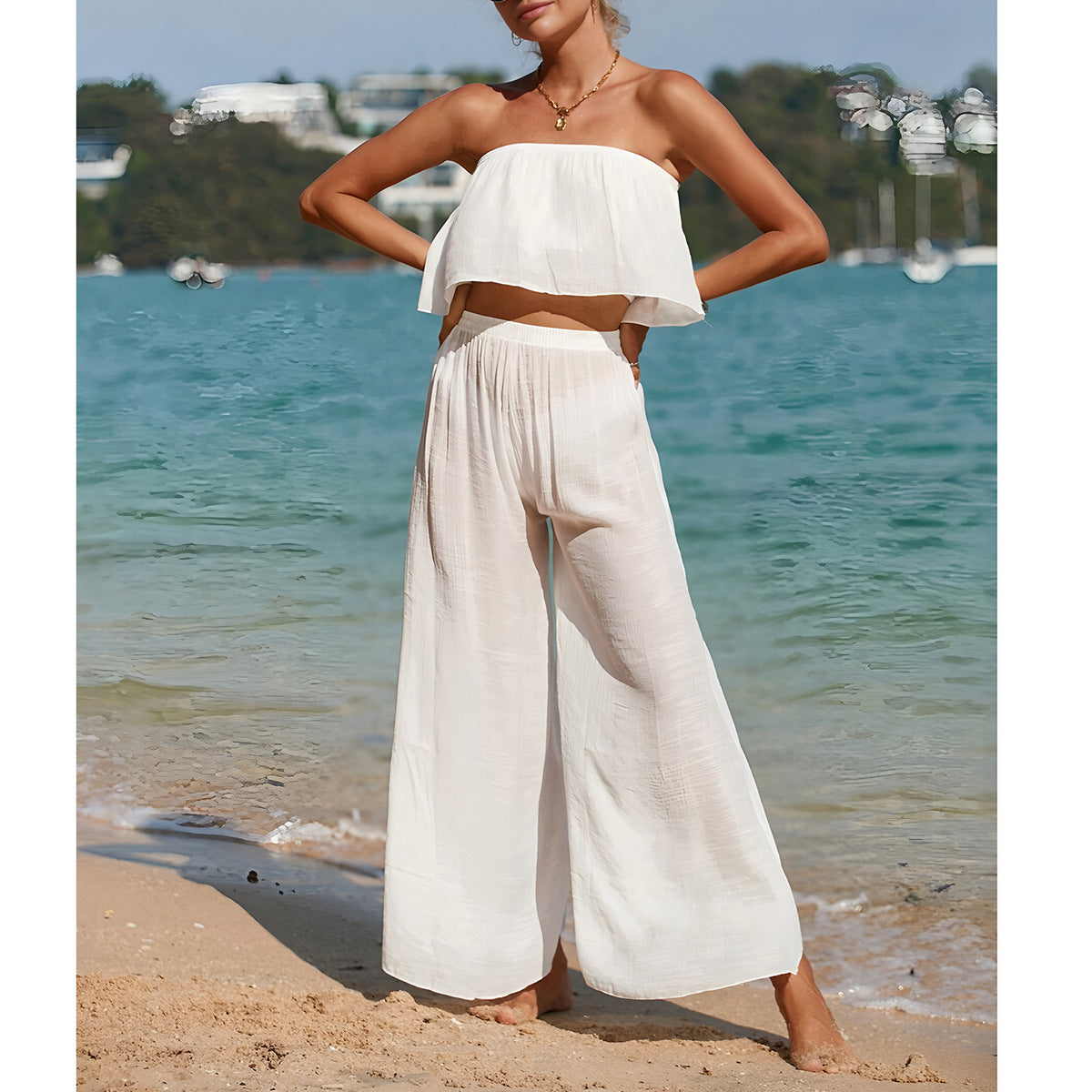 Anna | Dames Set – Strapless Top met Asymmetrische Zoom en Wijde Broek van Ademend Materiaal