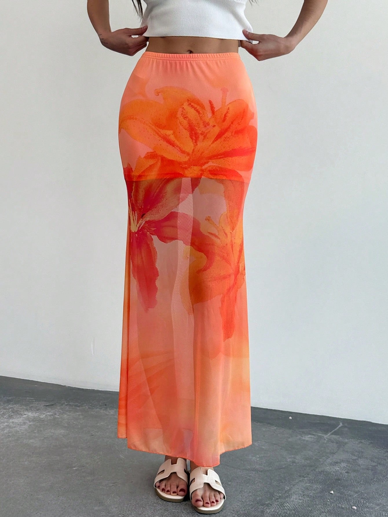 Adeline | Elegante Dames Maxi Rok – Zeemeermin Pasvorm met Transparant Mesh en Bloemenprint