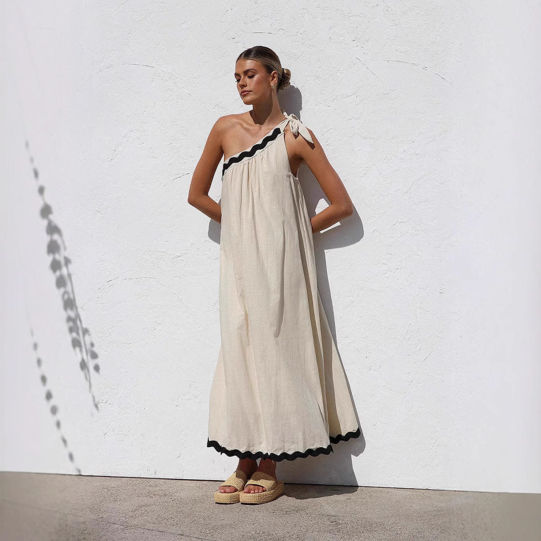 Elsbeth | Dames Maxi Jurk – One Shoulder – Relaxed Fit – Scalloped Zoom – Ademend Materiaal