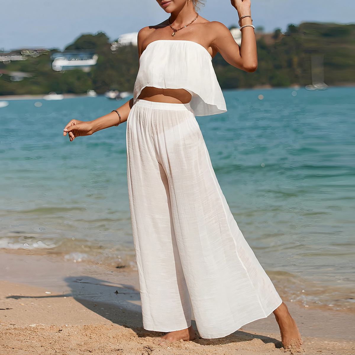 Anna | Dames Set – Strapless Top met Asymmetrische Zoom en Wijde Broek van Ademend Materiaal