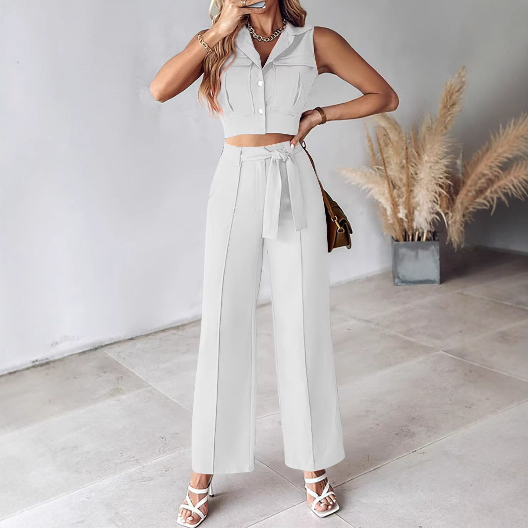 Cora | Dames Pakkenset – Mouwloze Crop Top & Hoge Taille Wijde Broek – Afneembare Ceintuur