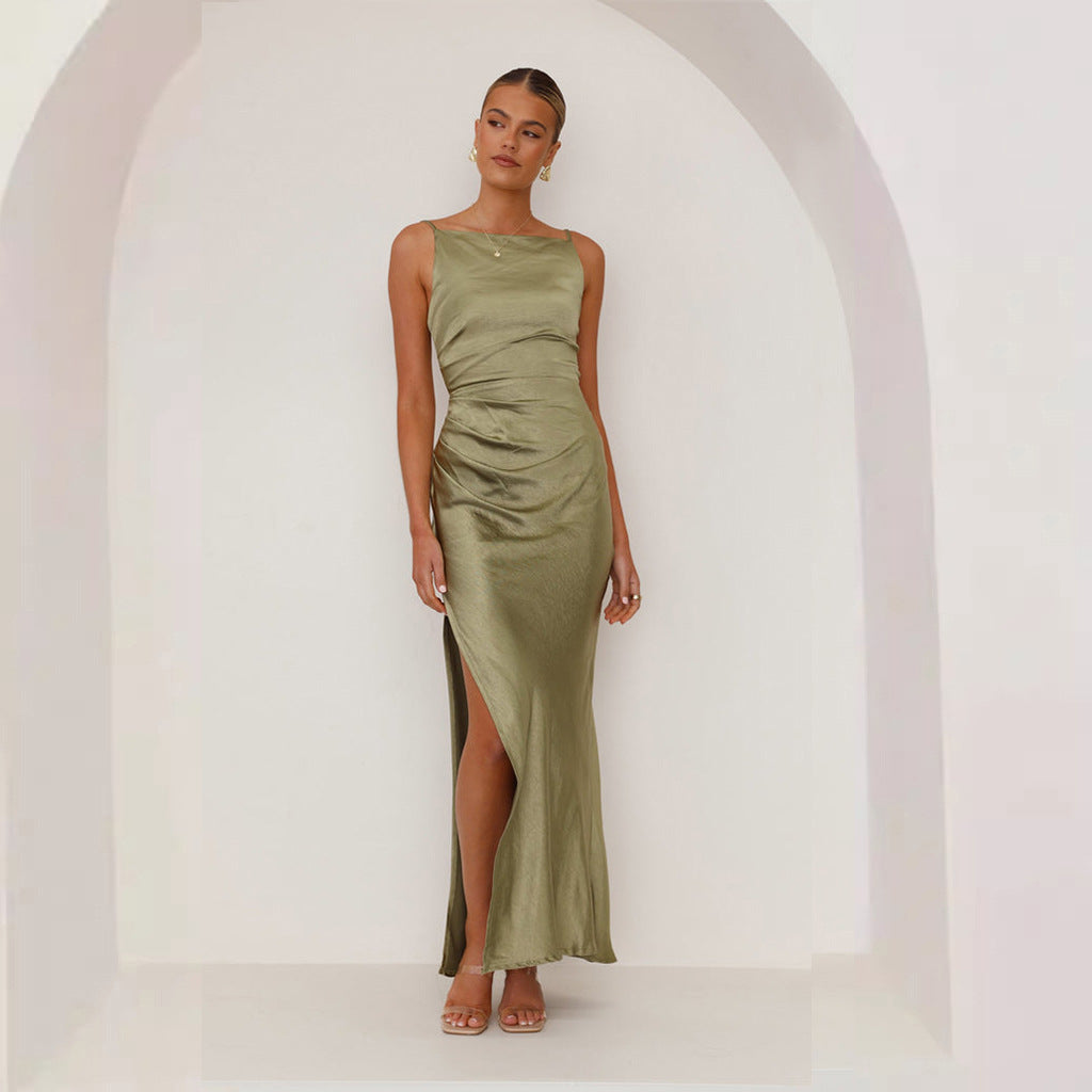Britta | Dames Midi Jurk – Slim Fit met Spaghettibandjes en Luxe Glansstof
