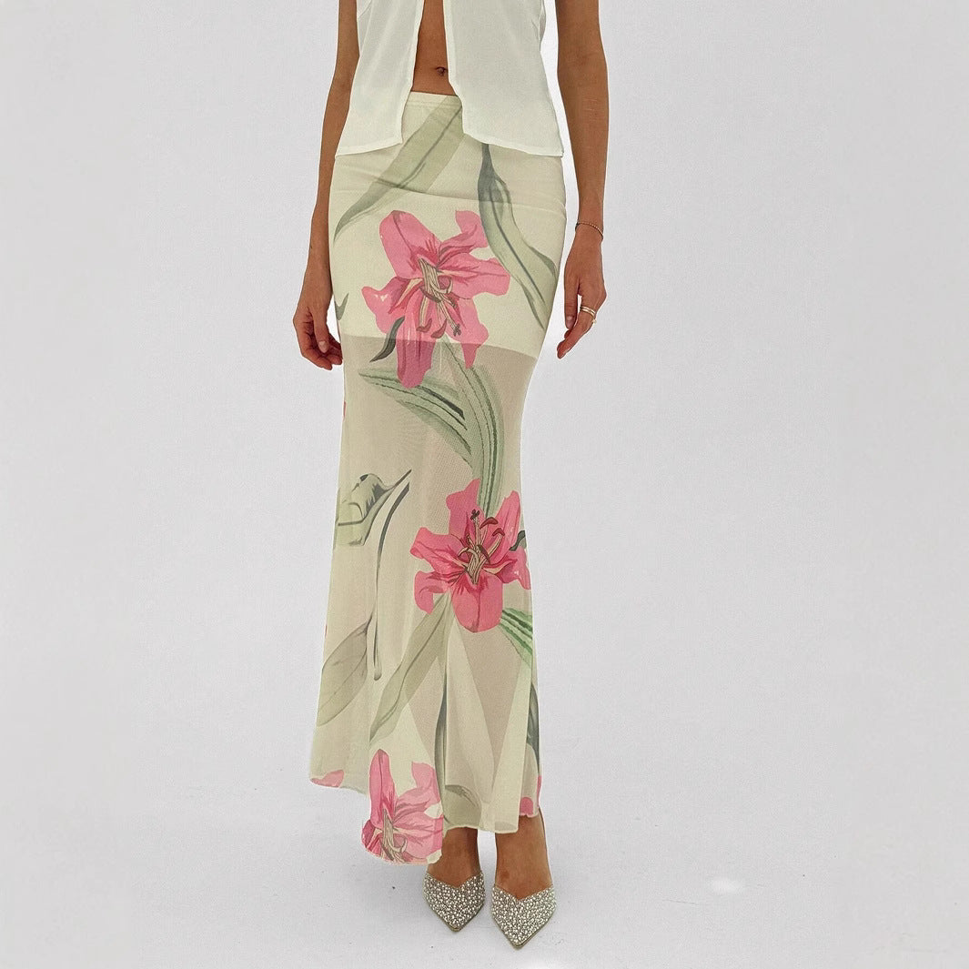 Adeline | Elegante Dames Maxi Rok – Zeemeermin Pasvorm met Transparant Mesh en Bloemenprint