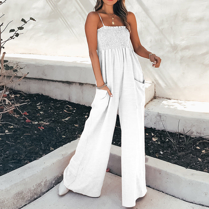 Zomerse Dames Jumpsuit | Relaxte pasvorm met ruche lijfje en spaghettibandjes in ademend katoen