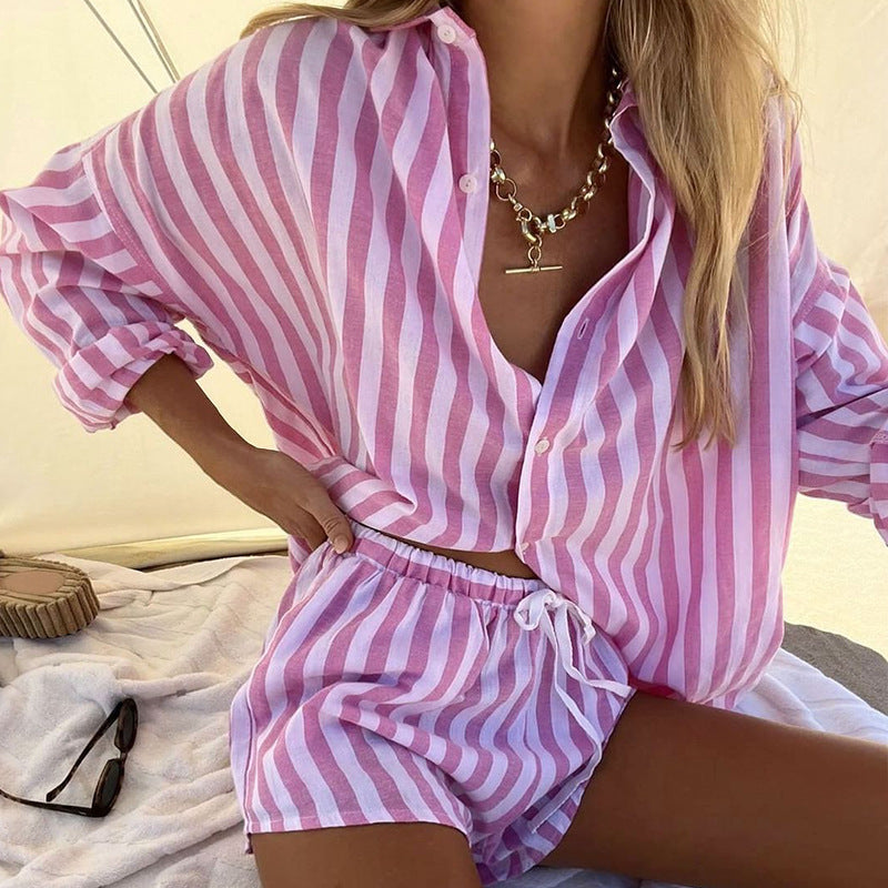 Elina | Dames Tweedelige Set – Losvallend Overhemd en Shorts – Ademend Streepdessin