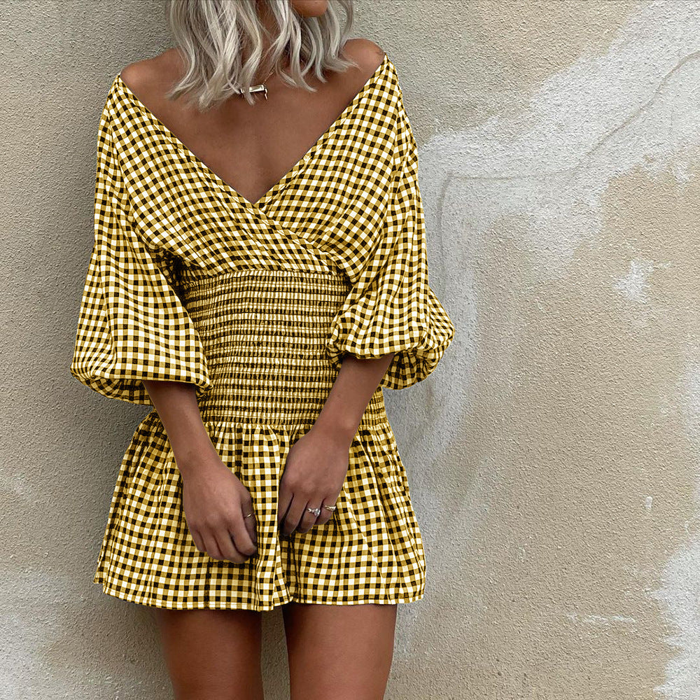 Mini Jurk | Dames jurk met ruitpatroon, V-hals en pofmouwen van katoenmix