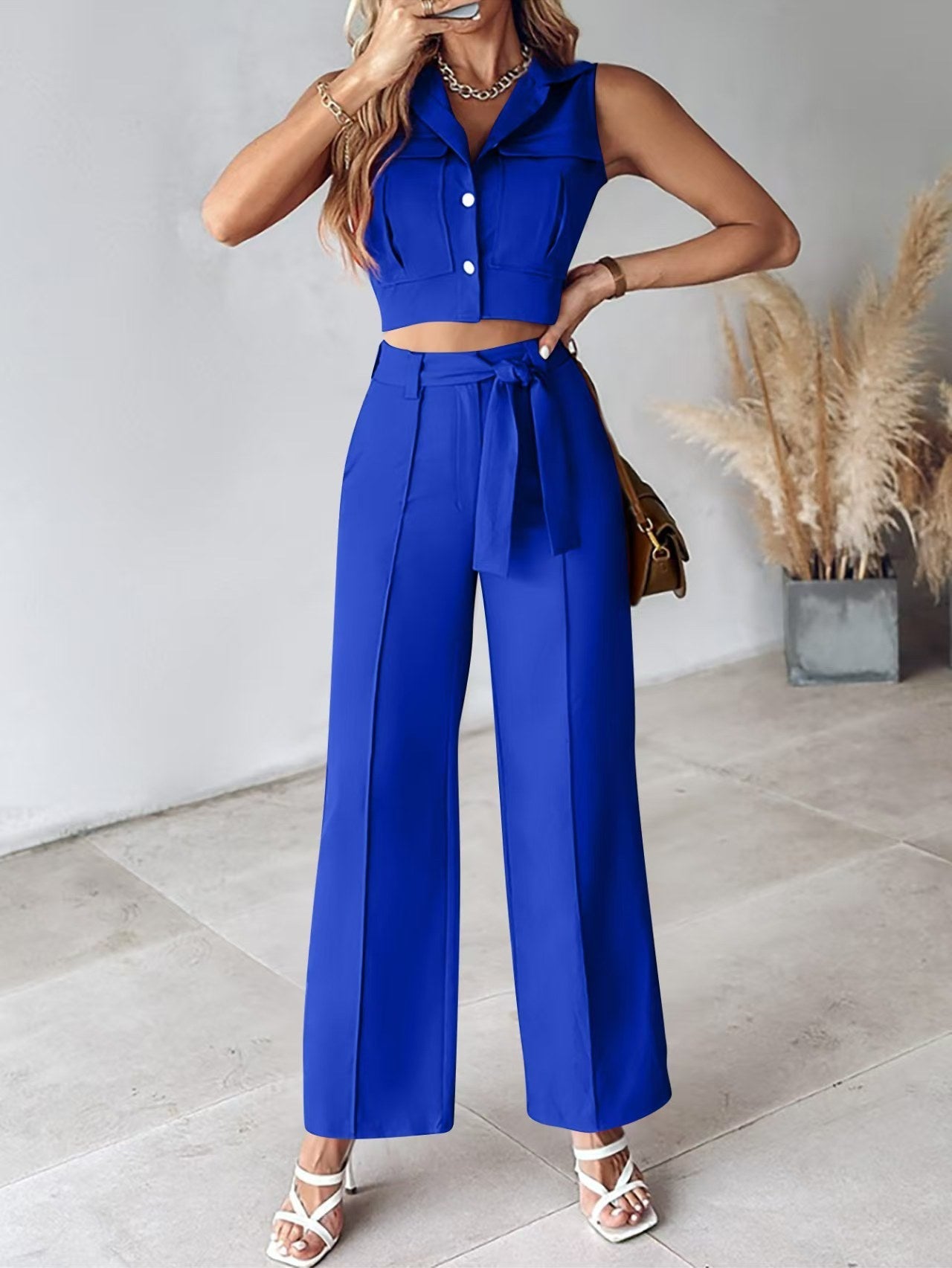 Cora | Dames Pakkenset – Mouwloze Crop Top & Hoge Taille Wijde Broek – Afneembare Ceintuur