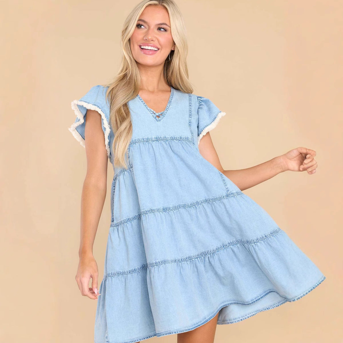 A-lijn Mini Jurk | Damesjurk met Denim Look en Ruches