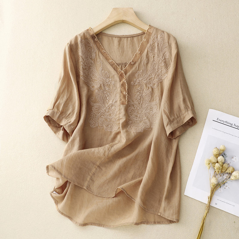 Violetta | Dames Blouse – Los Model, V-hals, Korte Mouwen en Geborduurde Details