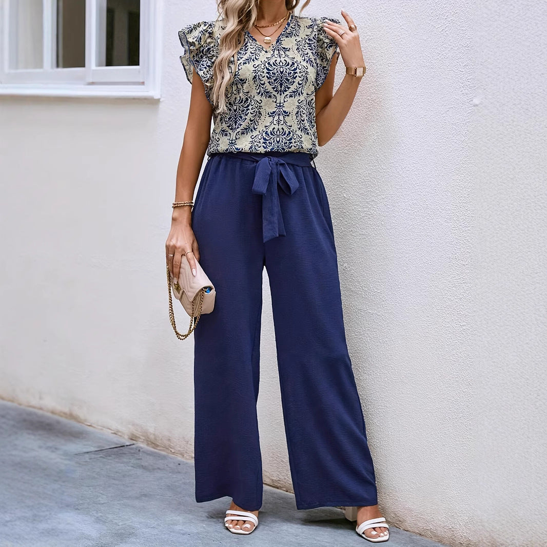 Danielle | Dames Set – V-hals Bloementop met Ruches & Hoge Taille Wijde Pijpen met Ceintuur
