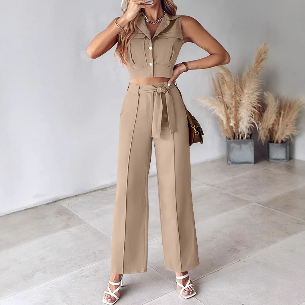Cora | Dames Pakkenset – Mouwloze Crop Top & Hoge Taille Wijde Broek – Afneembare Ceintuur