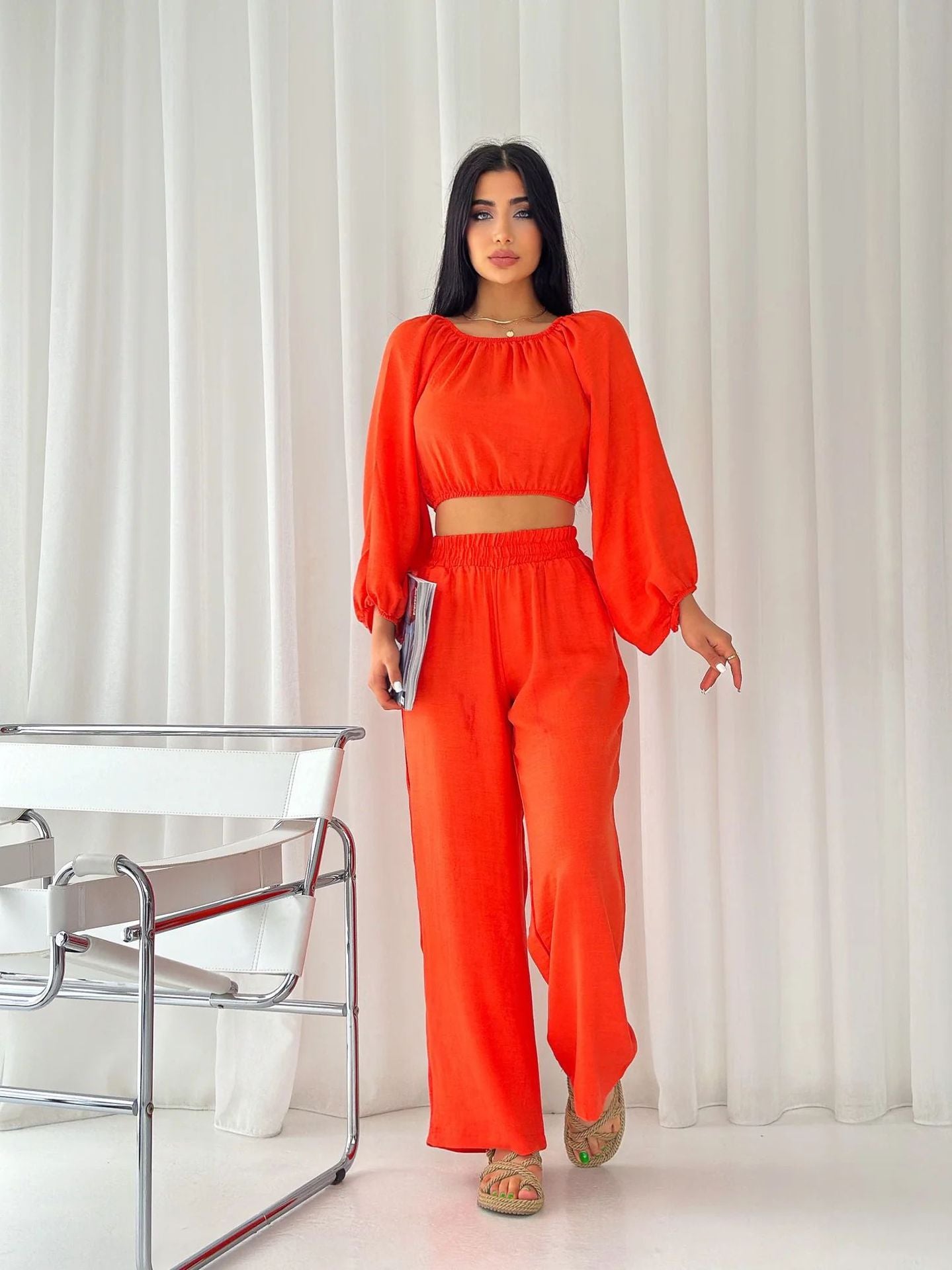 Two-Piece Set | Dames zomer set met offshoulder crop top en wijde broek