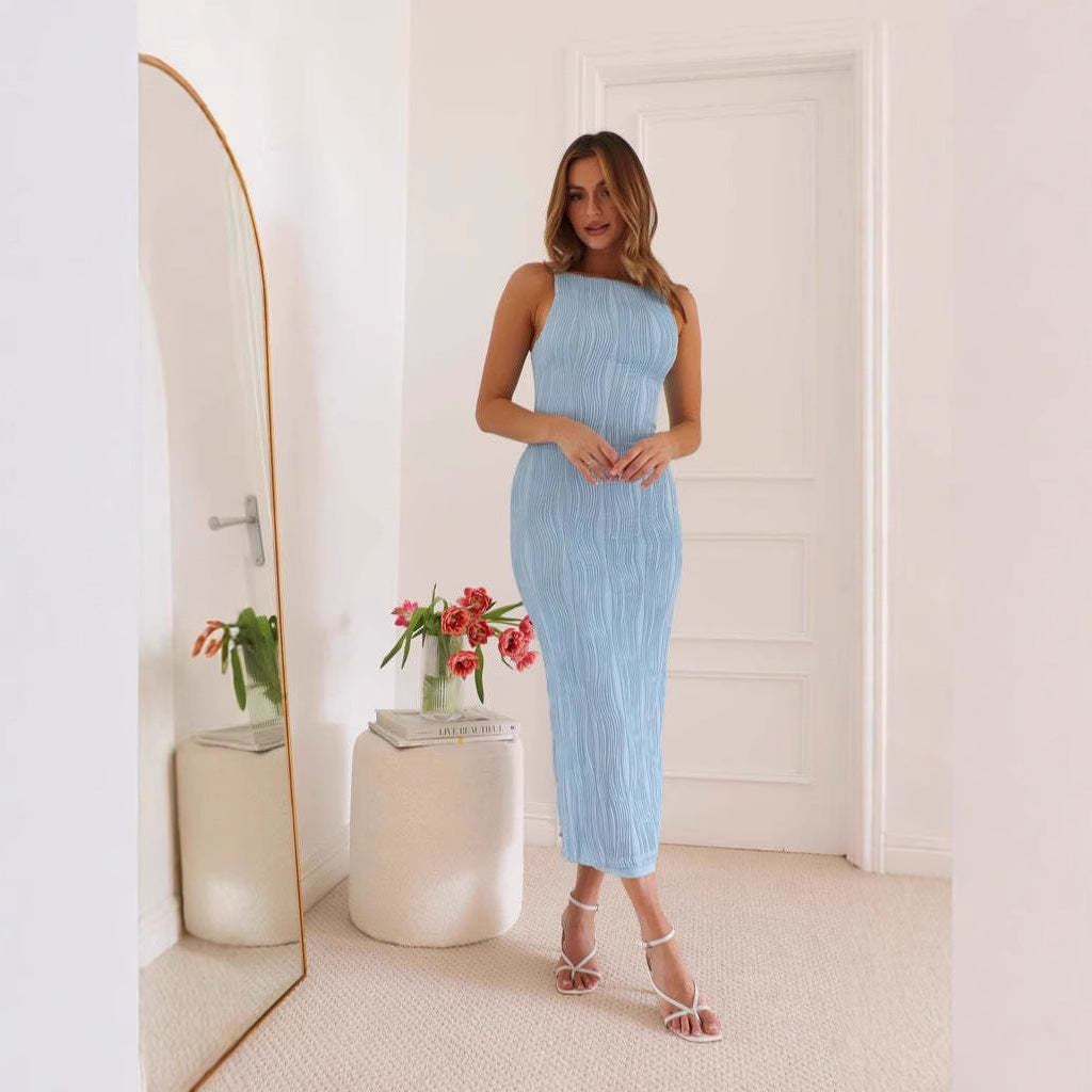 Bettina | Dames Midi Jurk – Slim Fit met Water Ripple Textuur en Open Rug