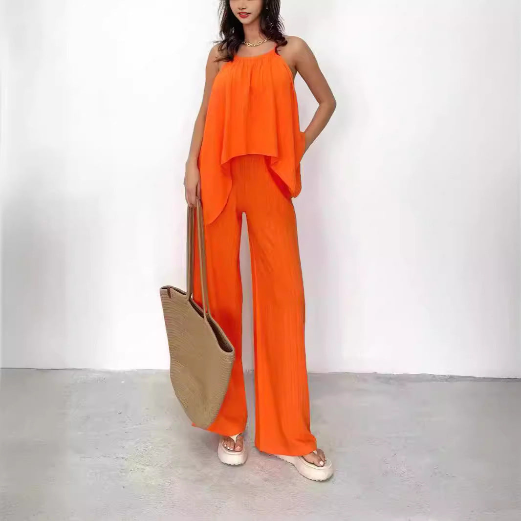 Dames Tweedelige Set | Haltertop met asymmetrische plooien en wijde broek in relaxed fit