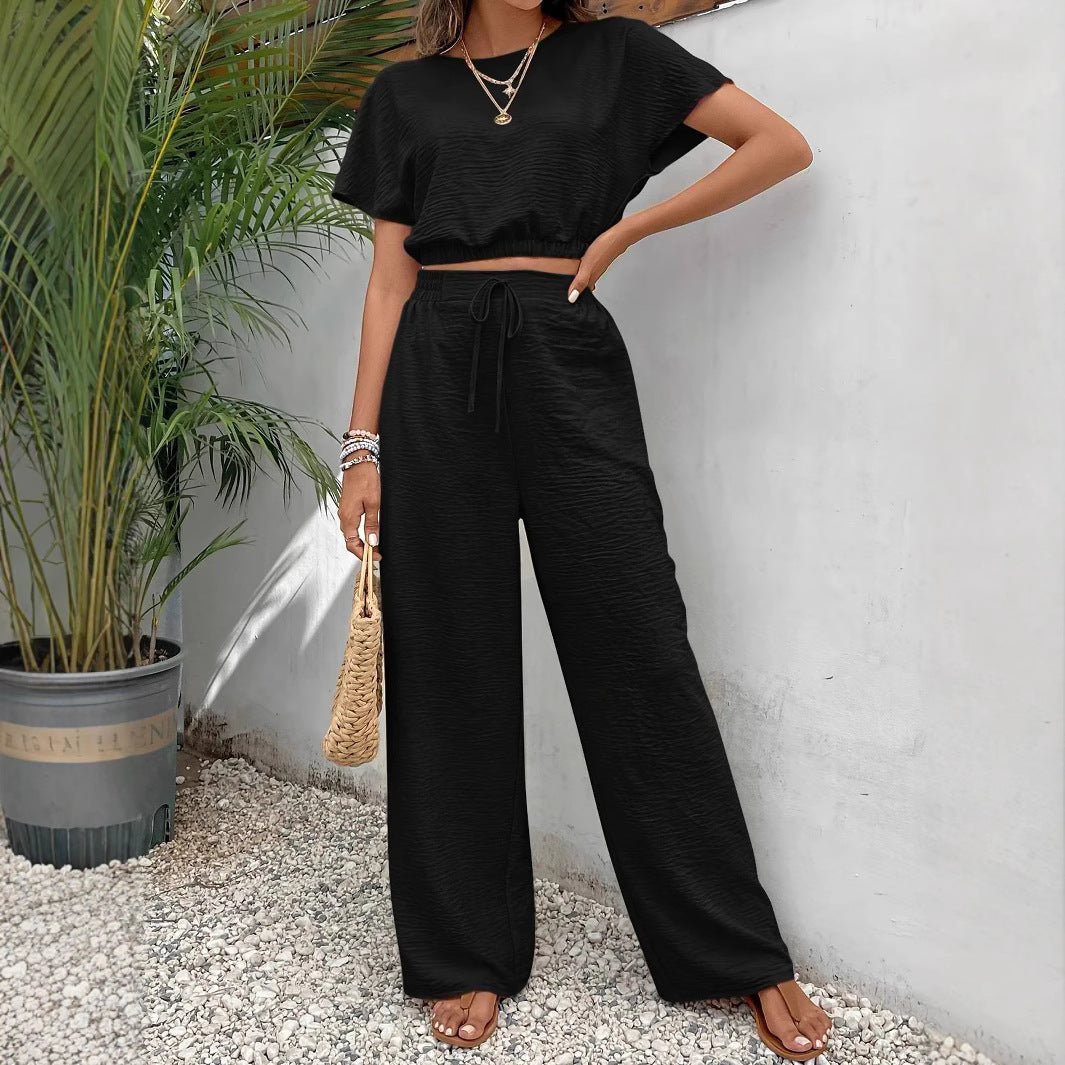 Arina | Dames Tweedelige Set – Crop Top met Batwing Mouwen en Wijde Broek met Trekkoord