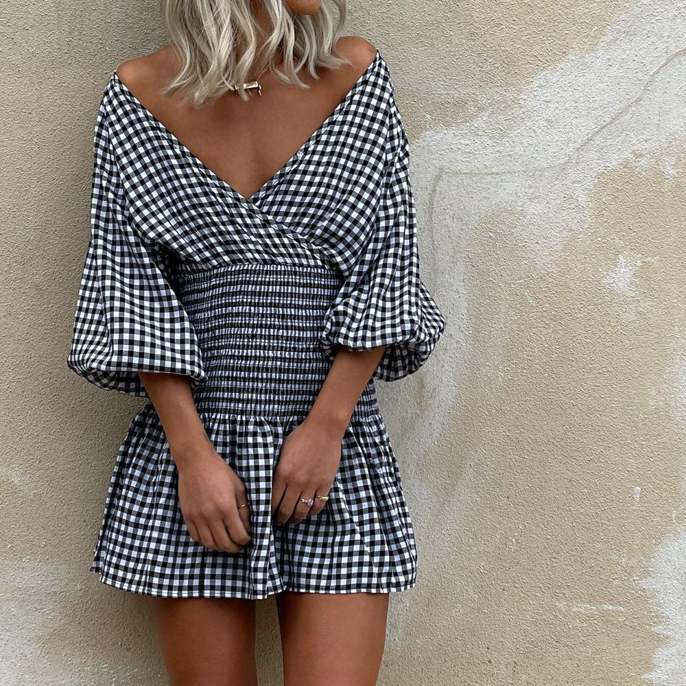 Mini Jurk | Dames jurk met ruitpatroon, V-hals en pofmouwen van katoenmix