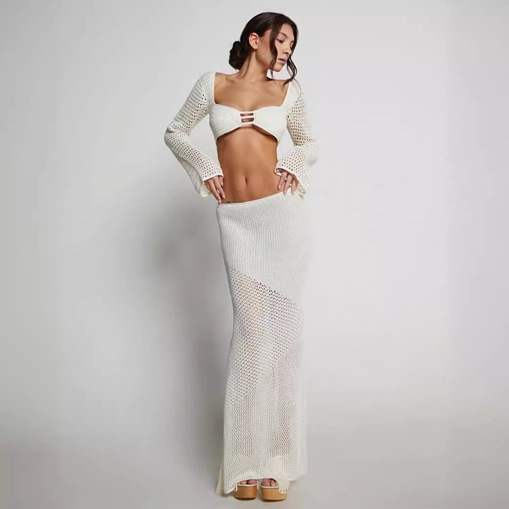 Alette | Dames Set – Slim Fit Gebreide Rok en Crop Top met Opengeweven Design