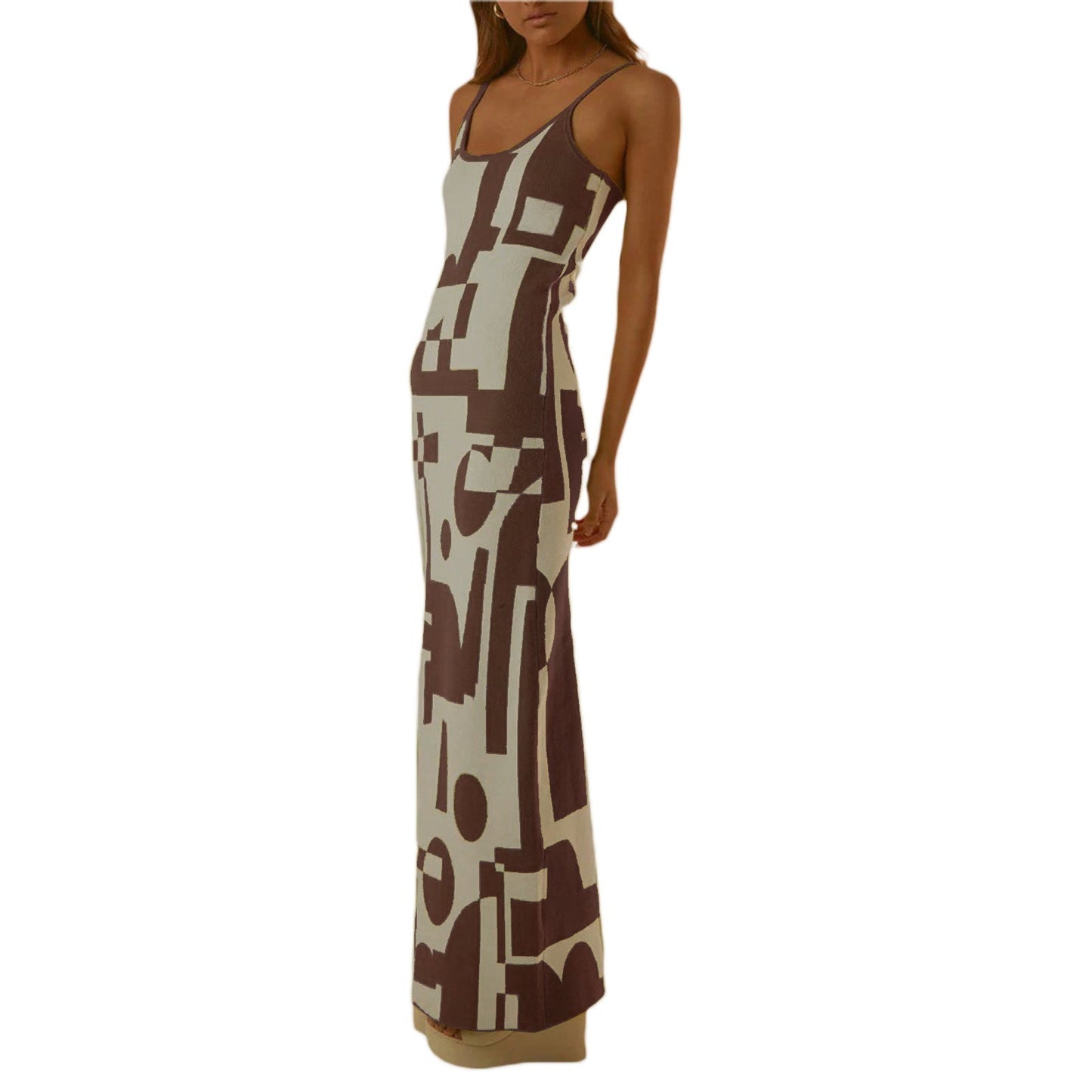 Adrianna | Dames Maxi Jurk – Bodycon Pasvorm met Abstracte Print en Spaghettibandjes